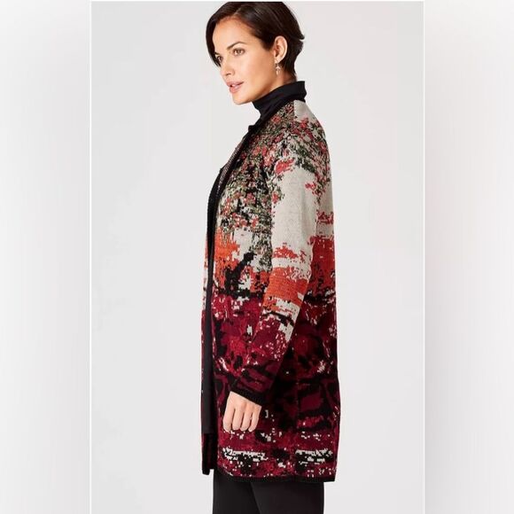 J. Jill Luxurious Black Red Cotton Wool  Jacquard Knit Cardigan Duster Small - Picture 2 of 9